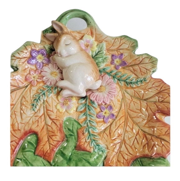 Fitz and Floyd Sleeping Bunny Rabbit on Leaves Candy/Trinket Dish 9.5" x 8" - Picture 3 of 6